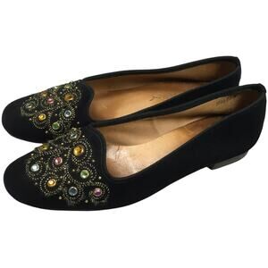 Saks Fifth Avenue Flats Gem‎ Embellished Black Velvet Round Toe Slip On Loafer 7